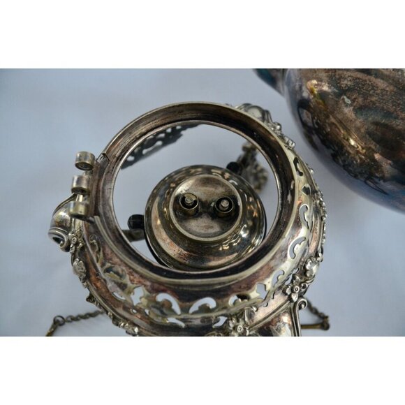 Antique Silver Tilting Tea Kettle with Warmer and Stand - Picture 12 of 16